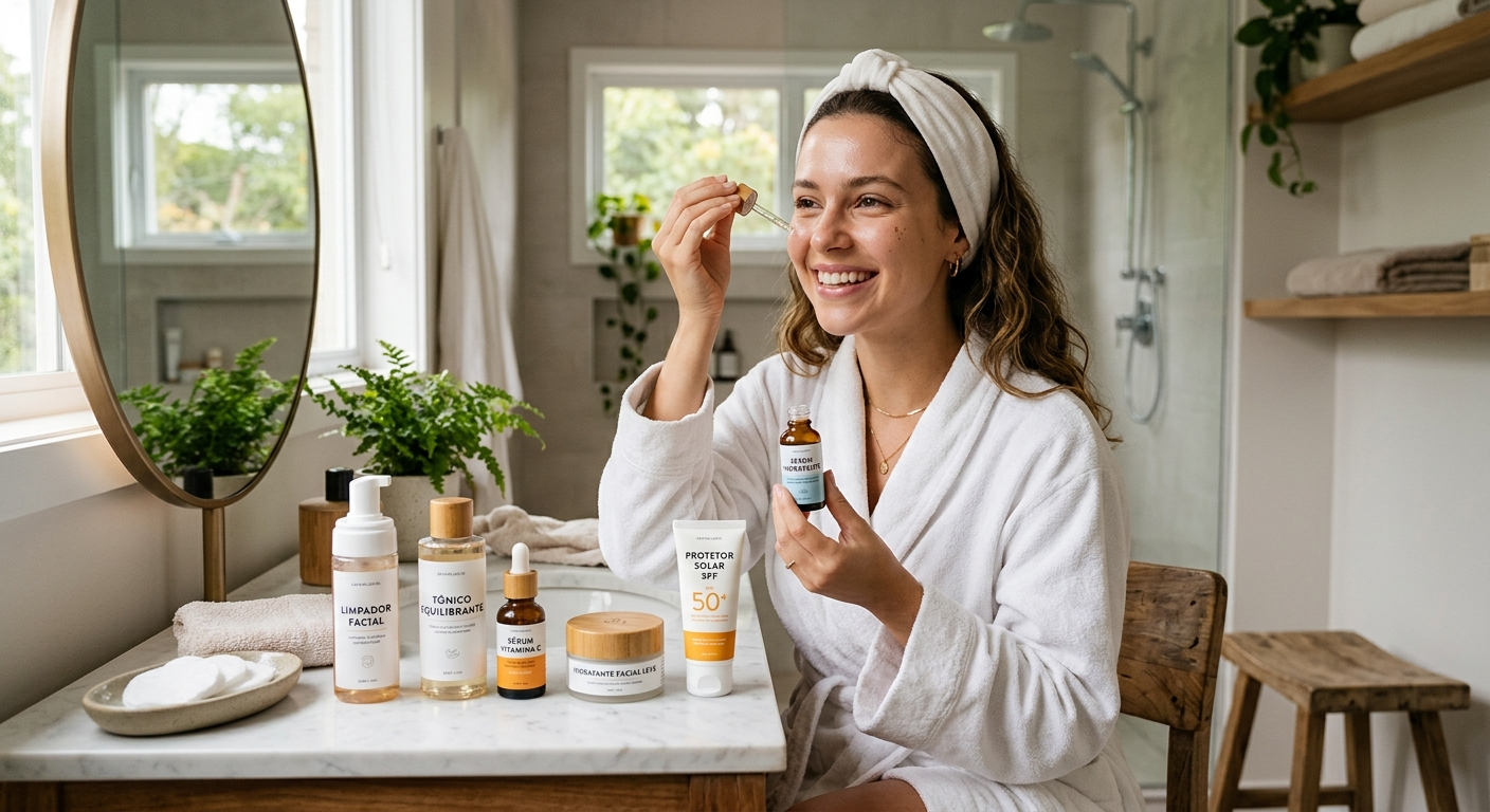 Mulher com sua rotina de skincare
