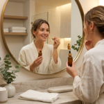 Mulher aplicando retinol durante a rotina noturna de skincare