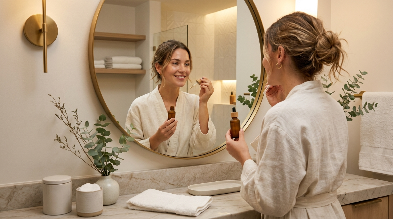 Mulher aplicando retinol durante a rotina noturna de skincare