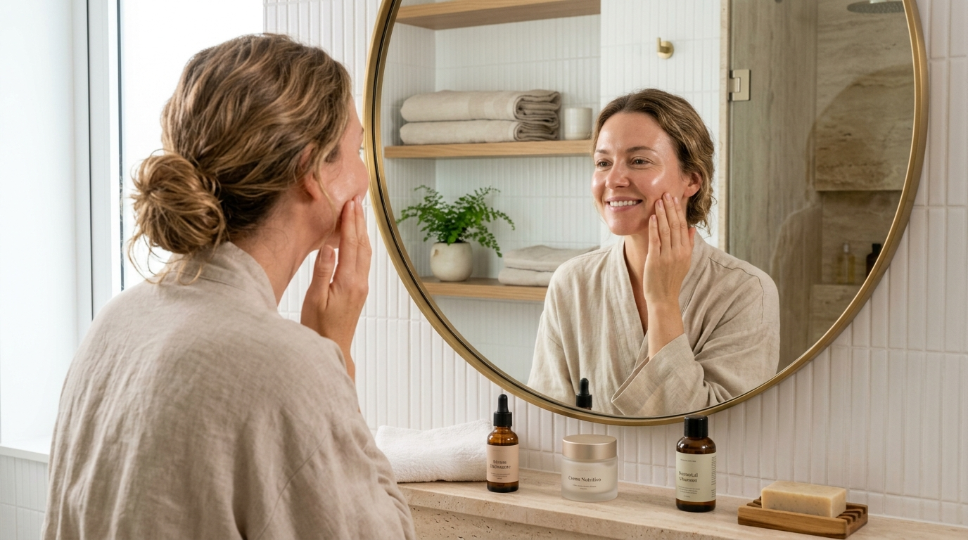 Mulher cuidando da pele seca durante a rotina de skincare