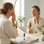 Mulher aplicando vitamina C no rosto durante a rotina de skincare