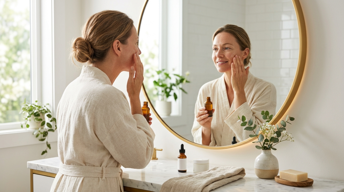 Mulher aplicando vitamina C no rosto durante a rotina de skincare