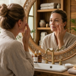 Mulher aplicando hidratante com ceramidas durante a rotina de skincare
