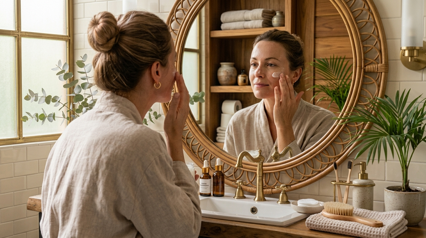 Mulher aplicando hidratante com ceramidas durante a rotina de skincare
