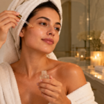 Mulher aplicando ácido glicólico durante a rotina noturna de skincare