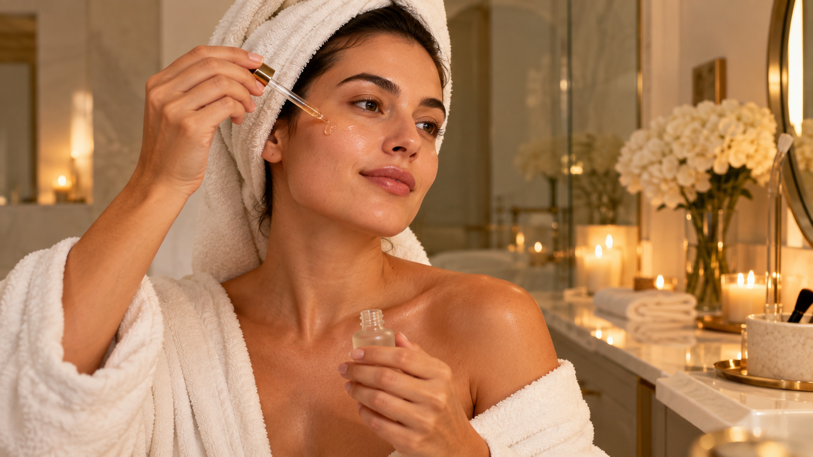Mulher aplicando ácido glicólico durante a rotina noturna de skincare