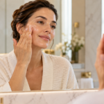 Mulher aplicando sérum de peptídeos durante a rotina de skincare