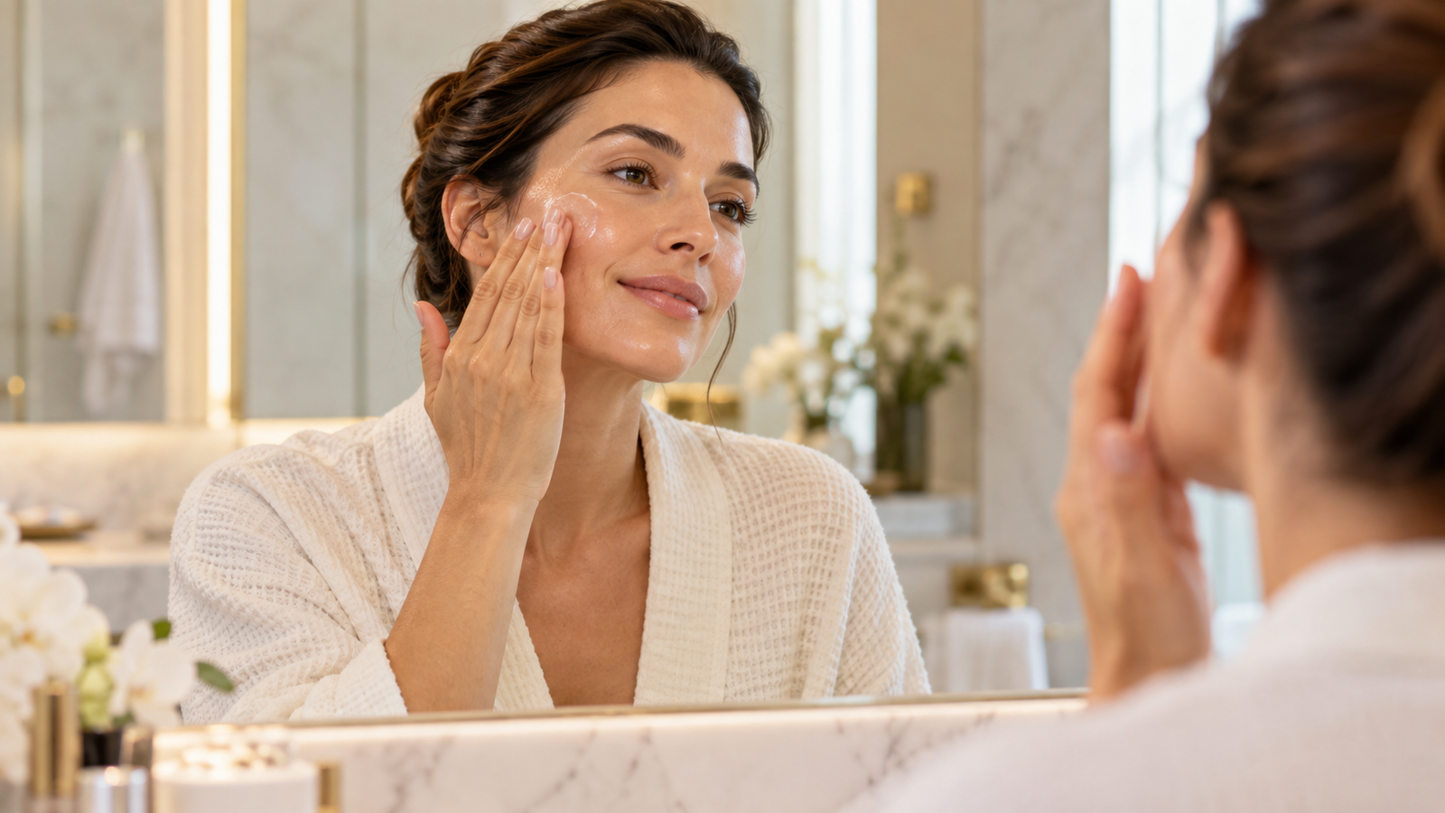 Mulher aplicando sérum de peptídeos durante a rotina de skincare